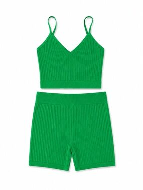 ANWND Green Ribbed Seamless 2 Piece Lounge Set Crop Top Shorts M/L